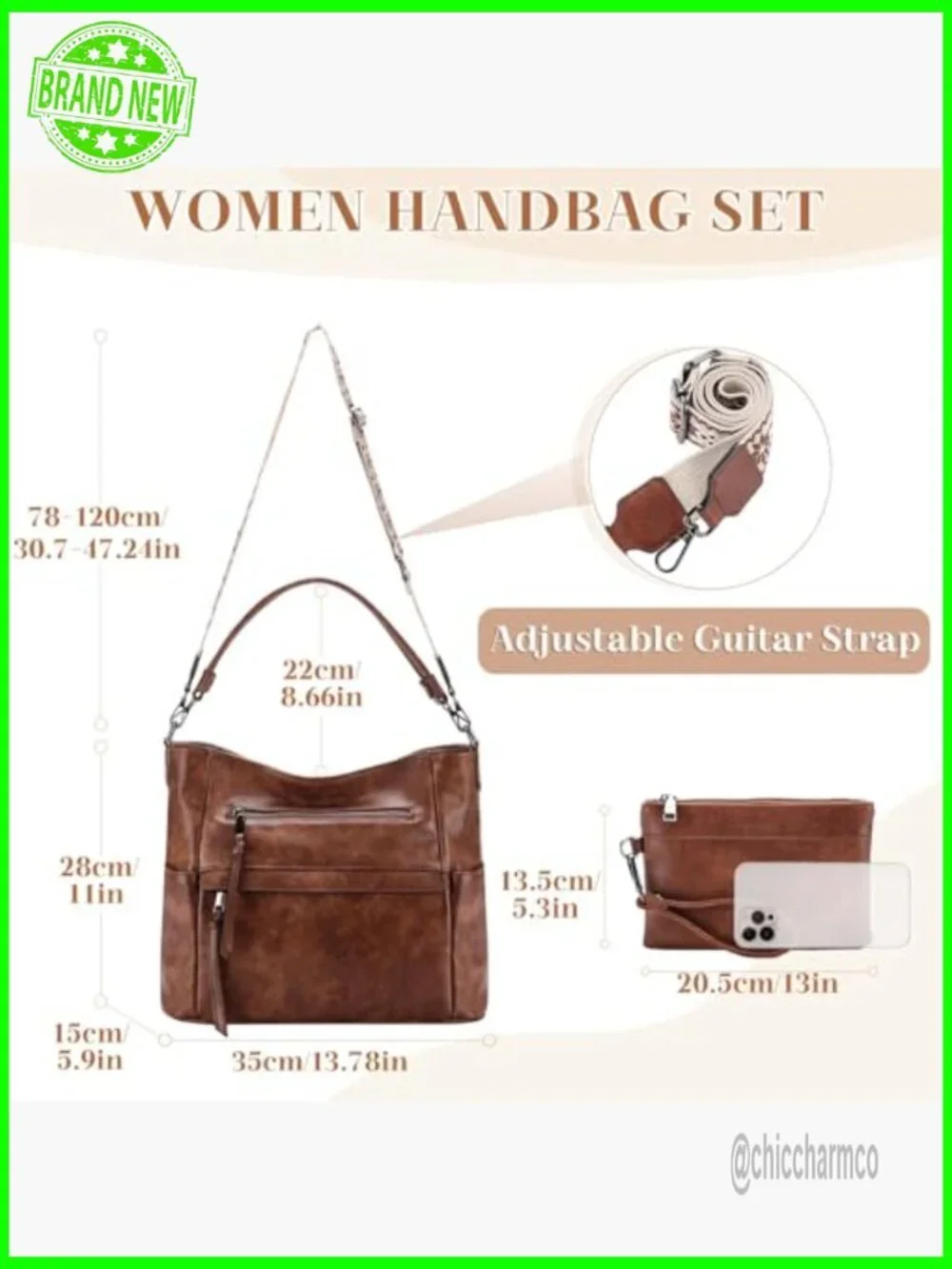 Medium Vegan Leather Hobo Bag with Wallet Set and Guitar Strap